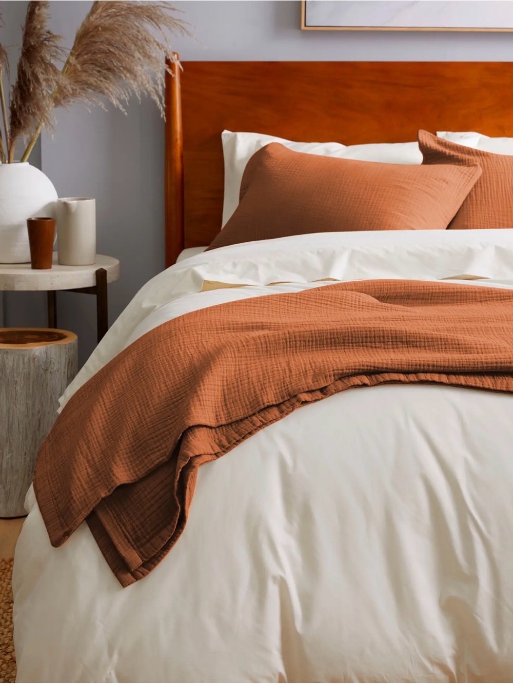 Quince Organic Cotton Gauze Blanket in Terracotta, Queen - Picture 2 of 5